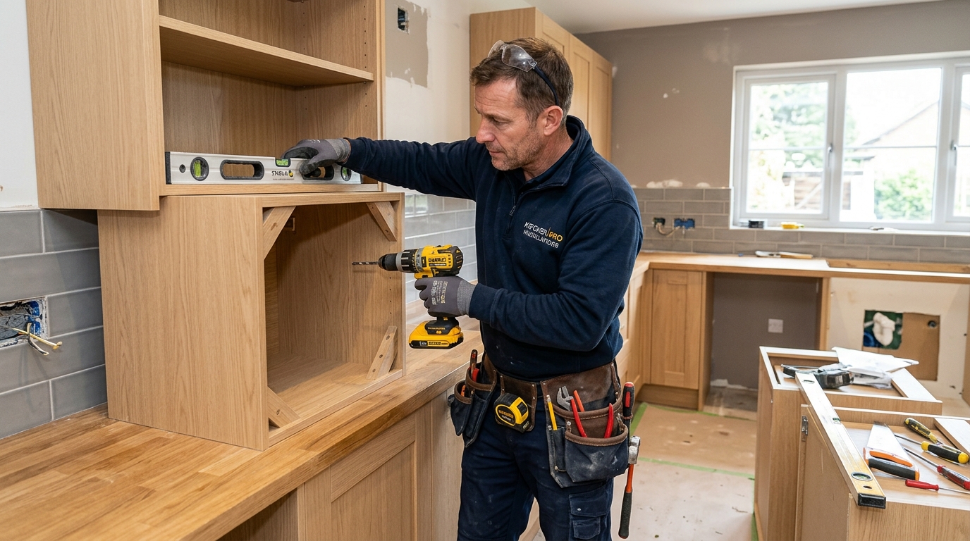 Professional kitchen fitter carefully installing cabinets